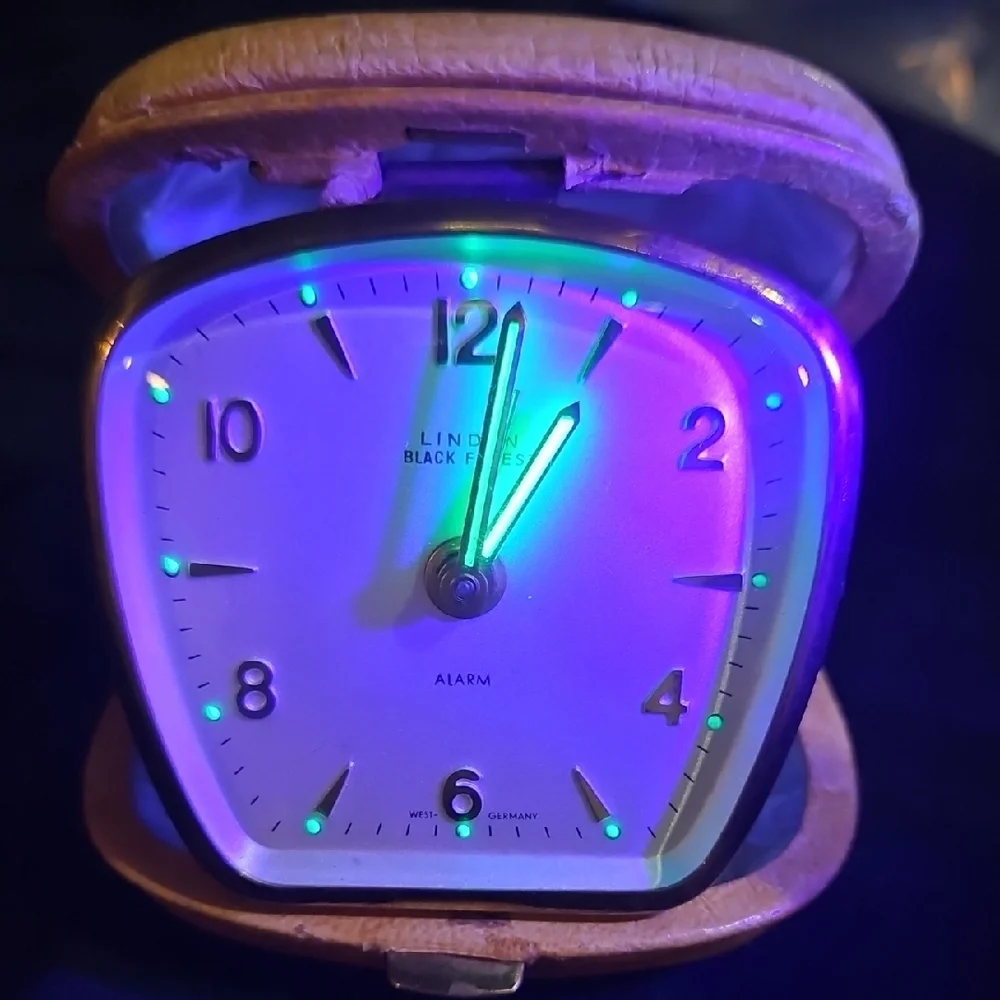 Linden Black Forest Travel Alarm Clock, West Germany, 1950-60s, UV Reactive